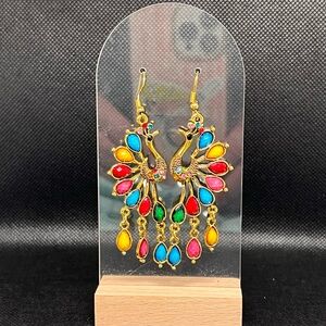 Vintage jeweled peacock gold plated dangle earrings